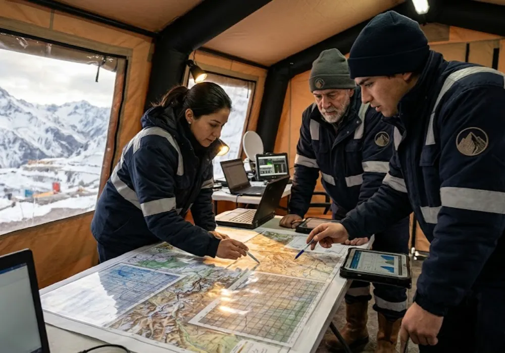 Profesionales de minería en alta montaña analizando mapas meteorológicos en campamento,  Contenido Original de ACERO Y ROCA – Prohibida su reproducción. 