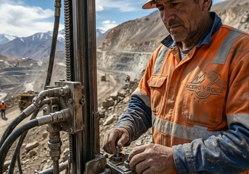 Trabajador en una mina a cielo abierto de gran altitud. El trabajador, con un rostro curtido, usa un uniforme de seguridad de lona naranja y azul cubierto de polvo y un casco. Contenido Original de ACERO Y ROCA - Prohibida su reproducción 
