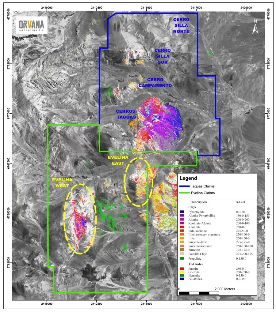 Mapa geológico de la propiedad Evelina en el departamento de Iglesia, perteneciente al proyecto minero Taguas de Orvana Minerals.