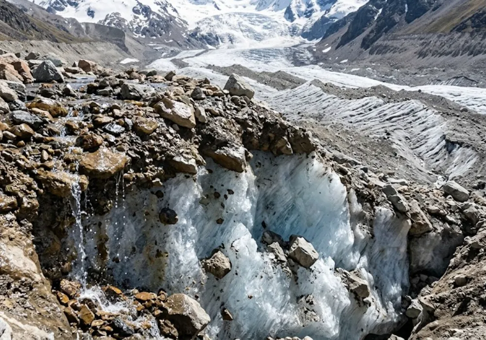 Detalle técnico de la estructura de un glaciar de escombros en los Andes. Contenido Original de ACERO Y ROCA - Prohibida su reproducción