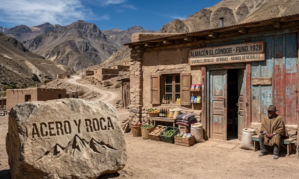 Fachada de un almacén tradicional en una localidad del interior de San Juan bajo el sol cordillerano. Contenido Original de ACERO Y ROCA - Prohibida su reproducción