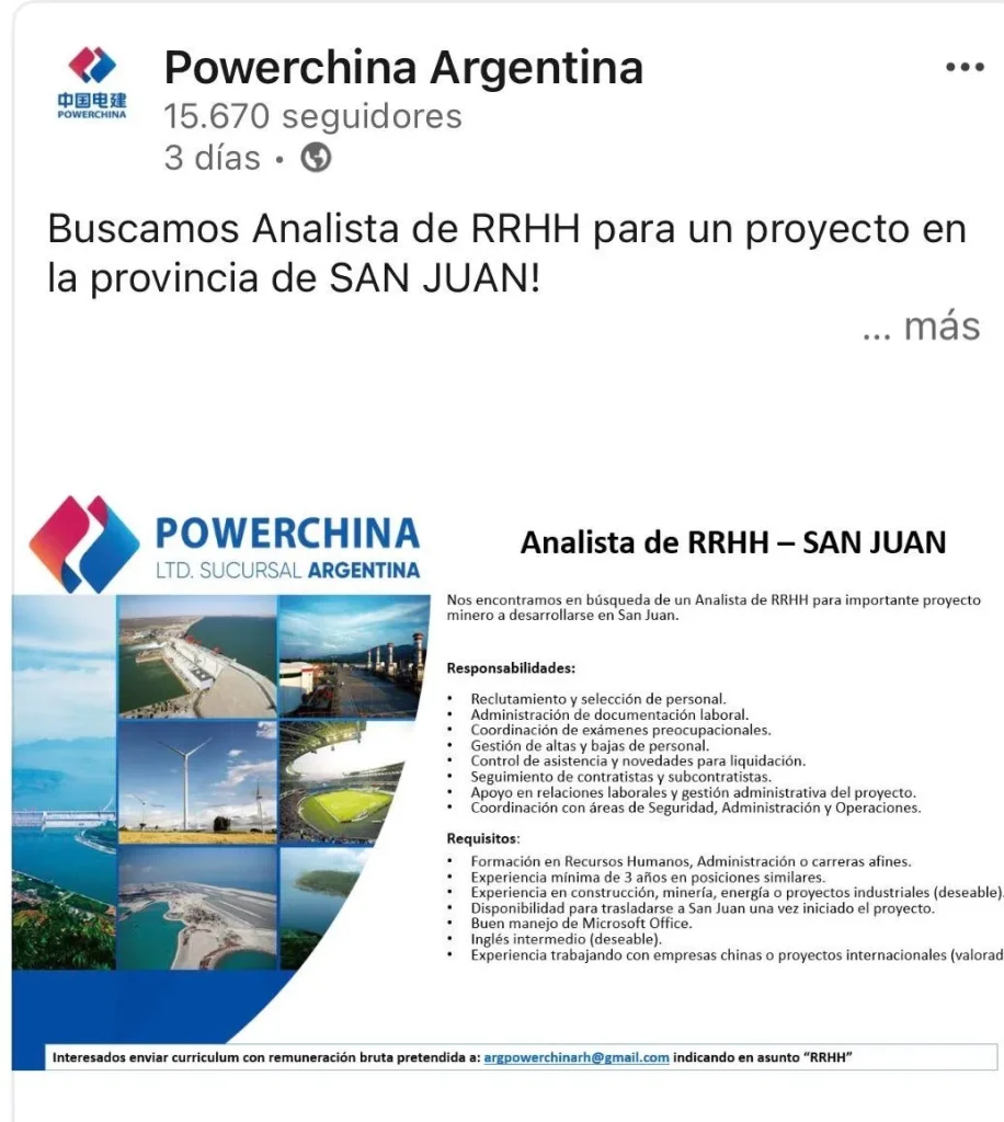 Posteo de búsqueda de personal para Powerchina