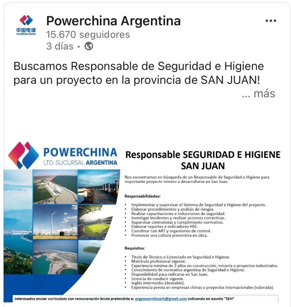 Posteo de búsqueda de personal para Powerchina