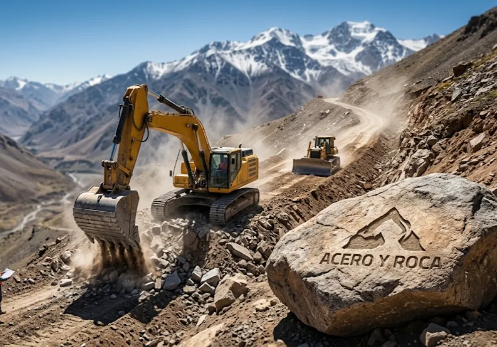 Maquinaria pesada trabajando en la apertura de un camino minero en la cordillera de los Andes. Contenido Original de ACERO Y ROCA - Prohibida su reproducción