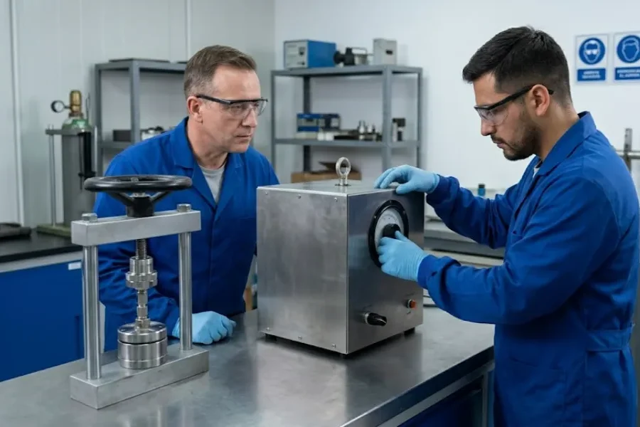 Operario técnico calibrando un equipo de medición de alta precisión en un laboratorio industrial estéril. Contenido Original de ACERO Y ROCA - Prohibida su reproducción
