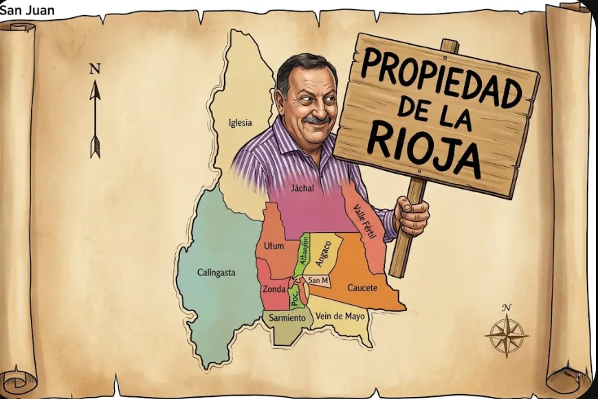 Caricatura editorial sobre el conflicto de límites en San Juan frente al reclamo de La Rioja por las áreas mineras cordilleranas. Contenido Original de ACERO Y ROCA - Prohibida su reproducción