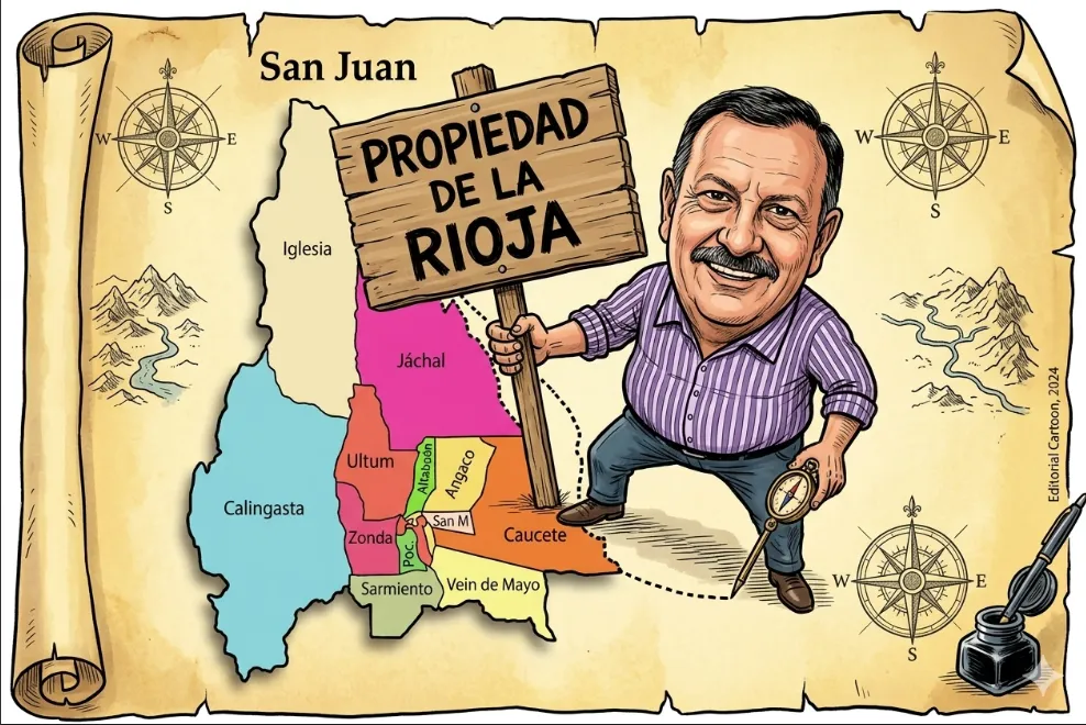 Ilustración satírica del gobernador de La Rioja, Ricardo Quintela, impulsor de la ley provincial sobre fronteras.