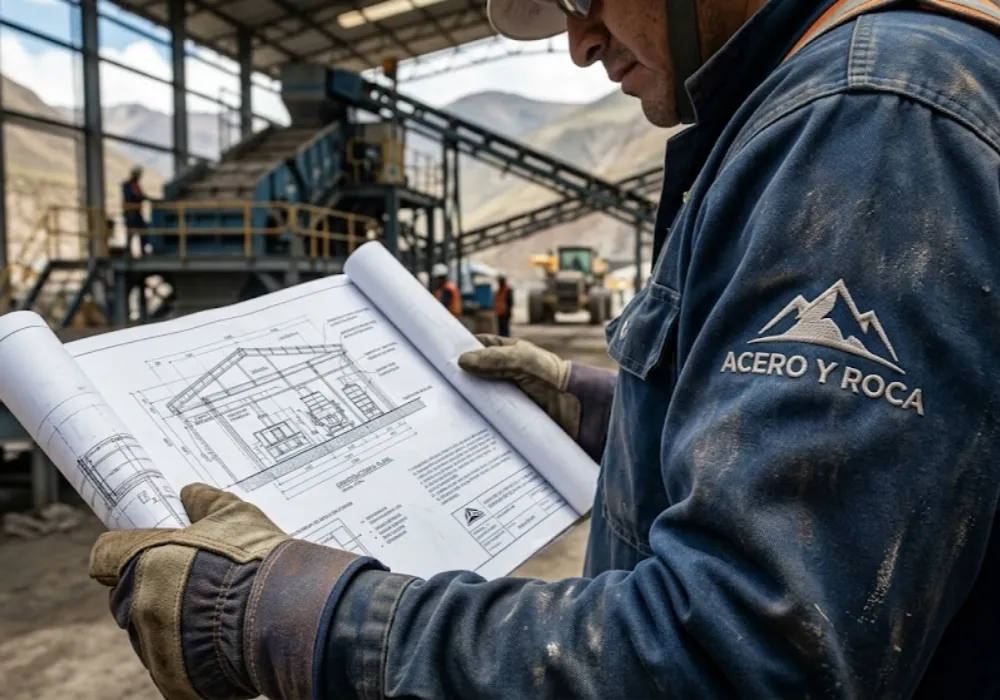 Técnico minero revisando planos de una planta con el logo de Acero y Roca bordado en su uniforme.