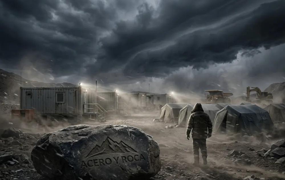 Campamento minero en San Juan a 4.000 metros de altura durante un temporal. Contenido Original de ACERO Y ROCA - Prohibida su reproducción