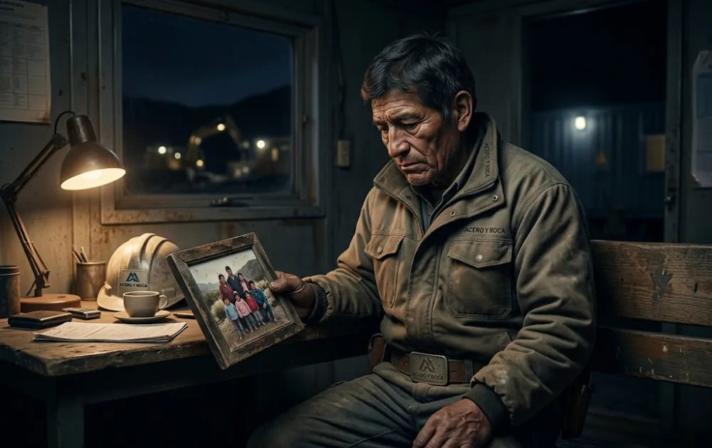 Un minero veterano en un descanso nocturno, mirando una foto familiar. Contenido Original de ACERO Y ROCA - Prohibida su reproducción