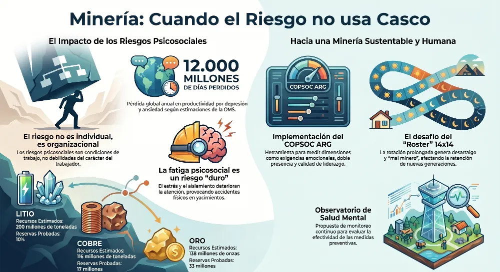 Infografía sobre la salud mental en minería. Contenido Original de ACERO Y ROCA - Prohibida su reproducción