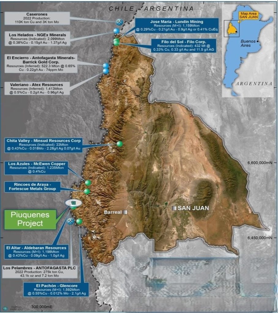 Mapa minero de la provincia de San Juan con la ubicación geográfica de los principales proyectos de cobre, oro y litio.