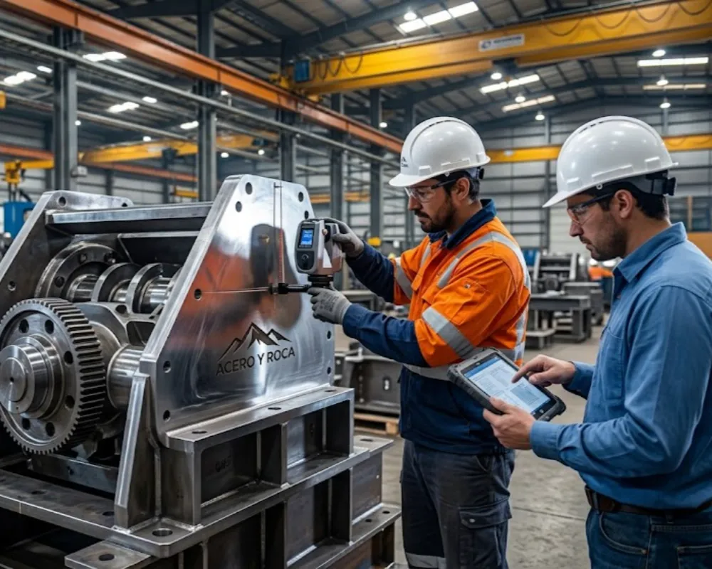 Imagen de profesionales de la industria metalmecánica trabajando en componentes para minería. Contenido Original de ACERO Y ROCA – Prohibida su reproducción.