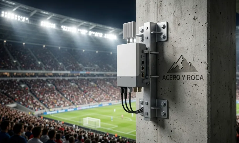 Nodo de antena de celda pequeña 5G anclado a una estructura de hormigón en un estadio deportivo moderno. Contenido Original de ACERO Y ROCA - Prohibida su reproducción