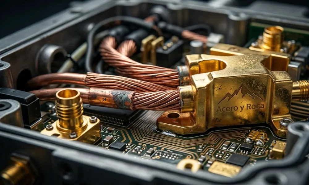 Cables de cobre desnudo y placas de circuitos con conectores bañados en oro dentro de una estación base 5G. Contenido Original de ACERO Y ROCA - Prohibida su reproducción