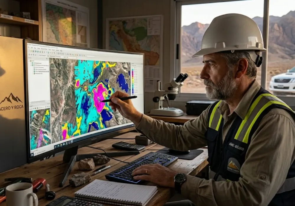 Un geólogo analiza anomalías multiespectrales en un mapa satelital dentro de una oficina de campo. Contenido Original de ACERO Y ROCA - Prohibida su reproducción