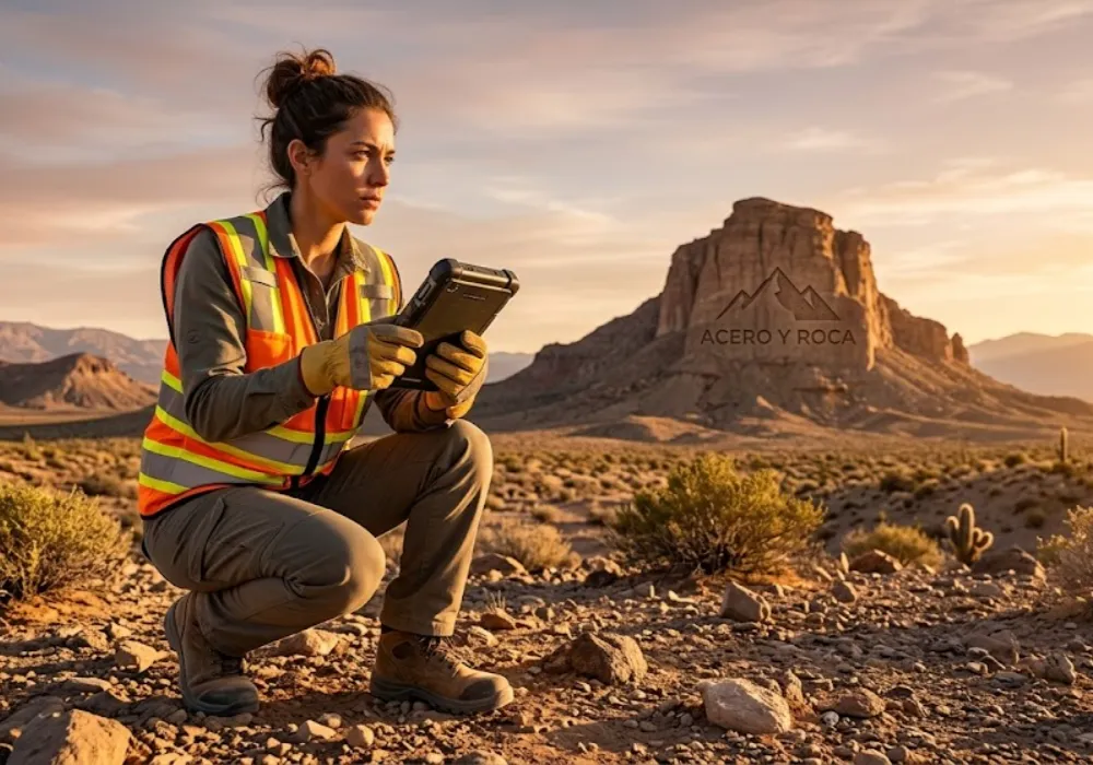Una geóloga ambiental valida datos satelitales en terreno, junto a un afloramiento rocoso en un paisaje árido. Contenido Original de ACERO Y ROCA - Prohibida su reproducción