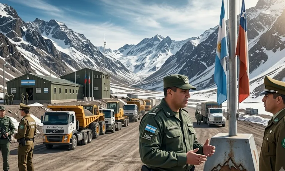 Puesto de control fronterizo unificado en la alta montaña, con personal de Gendarmería Nacional Argentina y Carabineros de Chile coordinando un control conjunto de un convoy logístico de Vicuña Corp.
