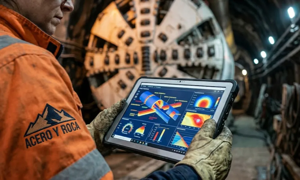 Profesional de la ingeniería geológica analizando datos de terreno para la construcción de espacios subterráneos. Contenido Original de ACERO Y ROCA - Prohibida su reproducción