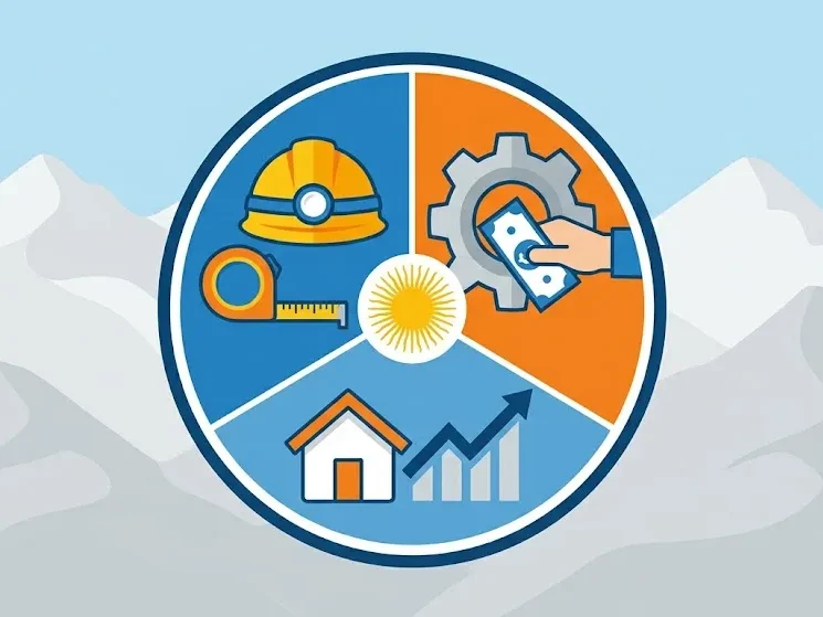 Primer plano de un documento oficial de crédito fiscal provincial simulado junto a herramientas de producción industrial. Contenido Original de ACERO Y ROCA - Prohibida su reproducción