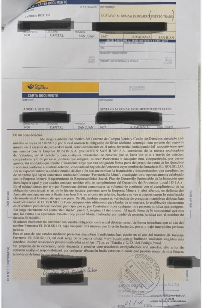 Capturas de cartas documento enviadas a Puerto Trans.