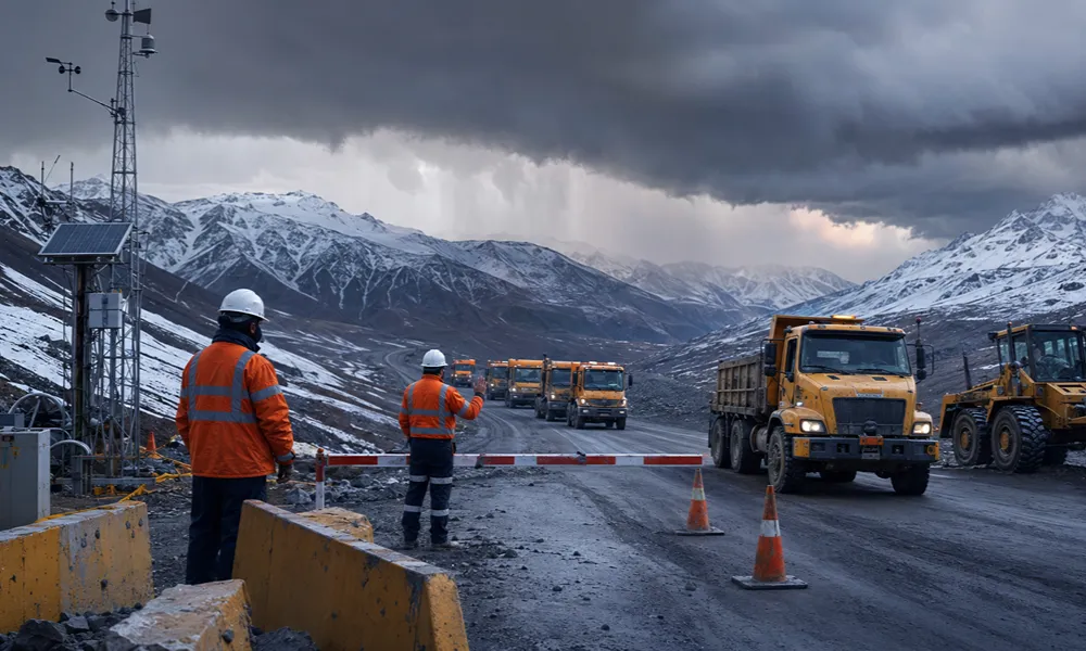 Camiones amarillos en fila frente a una barrera de seguridad en un camino minero con montañas nevadas de fondo y nubarrones.