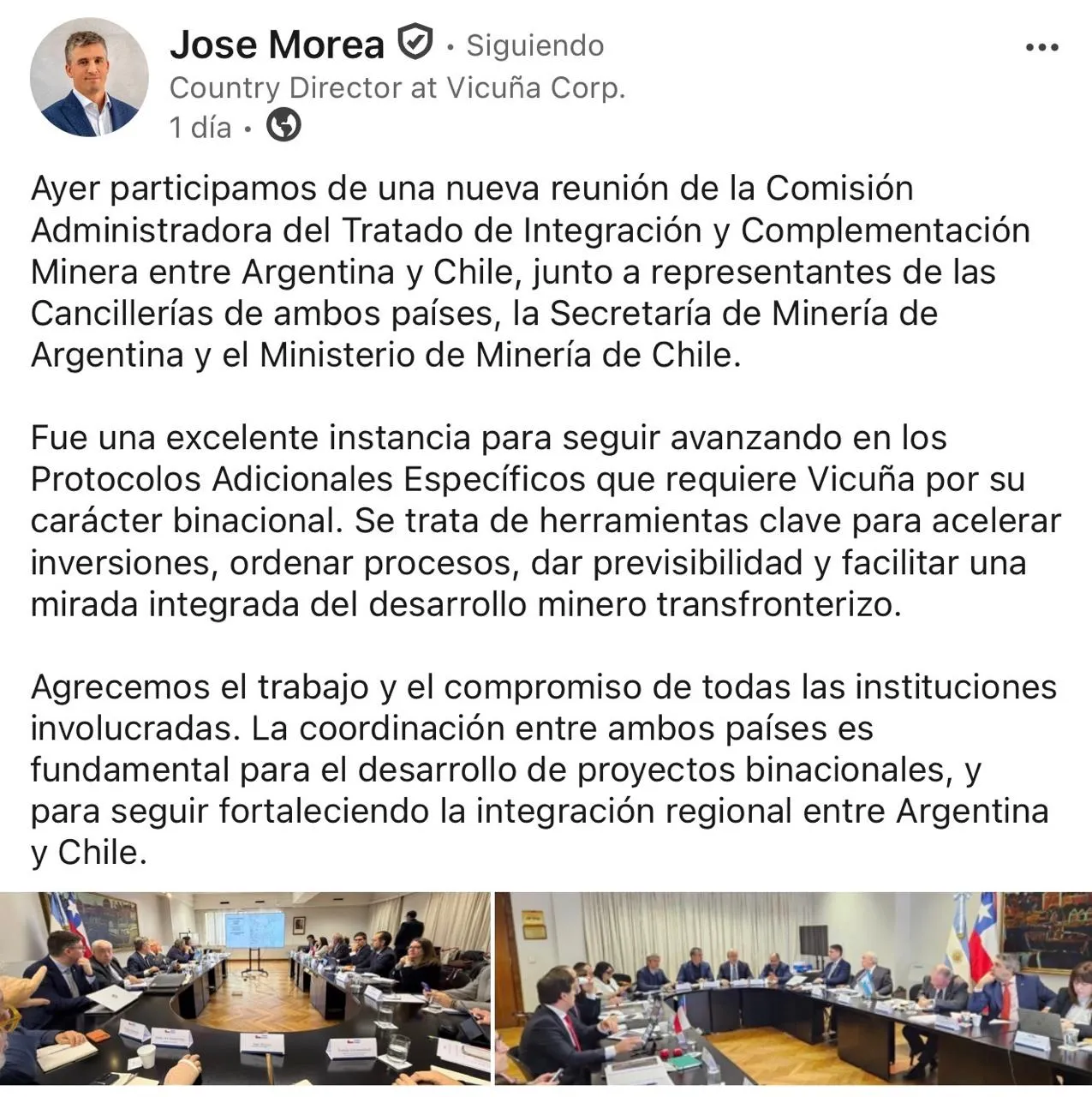 Captura de pantalla de la publicación de José Morea en LinkedIn sobre la reunión del Tratado Binacional.