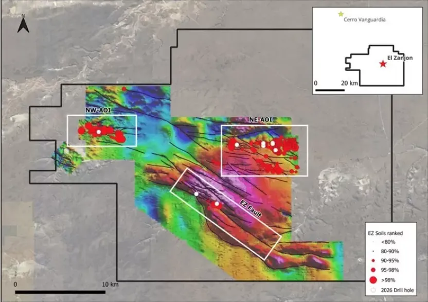 Mapa de calor geoquímico y lineamientos estructurales del proyecto de exploración de plata Santa Cruz.