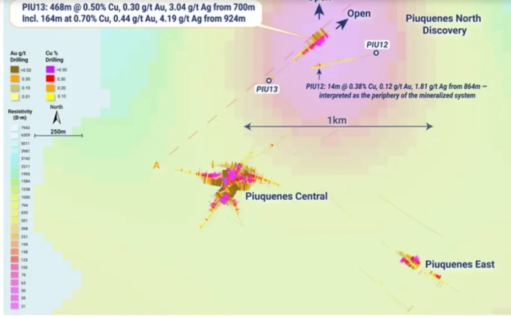 Mapa técnico de resistividad geofísica y trazas de pozos de perforación proyectados en planta para el descubrimiento de cobre San Juan.