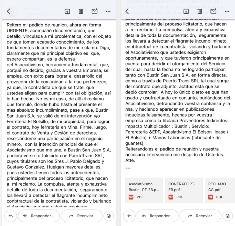 Capturas de pantalla de e mail enviados a la operadora Barrick hace unos días.