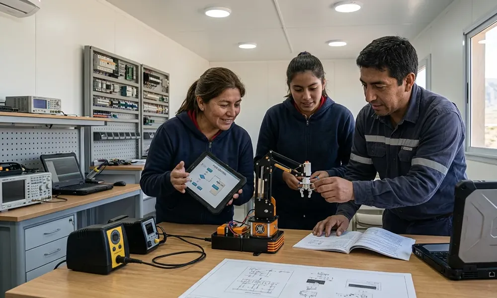 Tres personas trabajan alrededor de un brazo robótico de escritorio. Una de ellas sostiene una tablet con un diagrama de control, mientras en la mesa se observan equipos electrónicos, planos y herramientas de programación.