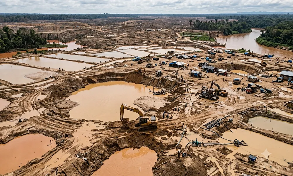 Extracción ilegal de minerales con maquinaria pesada y áreas de suelo removido en una zona minera de América Latina