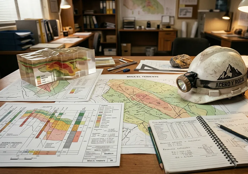 Mapas estructurales y anotaciones técnicas para mensurar yacimientos bajo estándares de reservas mineras.