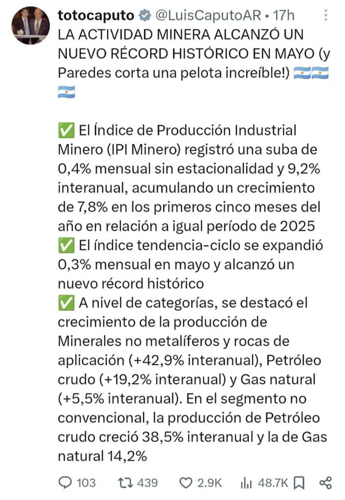 captura de pantala de posteo en X de luis caputo ministro de economia de la nacion