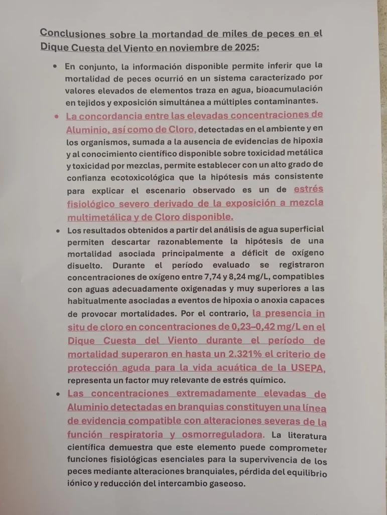 Página de conclusiones del informe científico sobre la mortandad de peces en Cuesta del Viento firmada por especialistas.