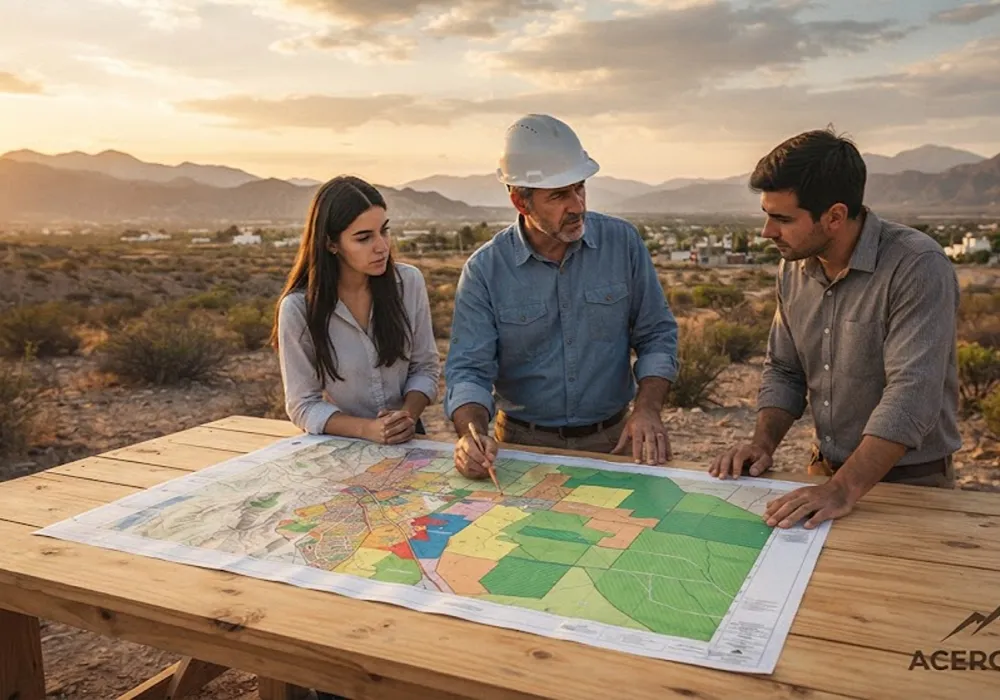 Tres ingenieros agrimensores analizan un plano de zonificación territorial a 30 años para San Juan sobre una mesa de trabajo al aire libre, con montañas y el Gran San Juan de fondo.
