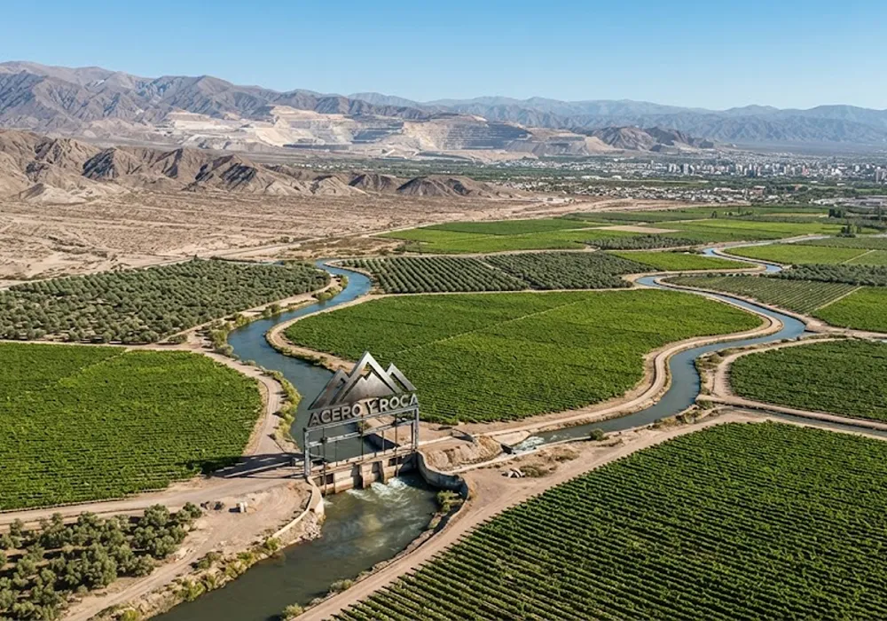 Vista aérea de los valles agrícolas de San Juan, donde los cultivos irrigados limitan con el desierto y la precordillera, mostrando la convivencia con la actividad minera a lo lejos.