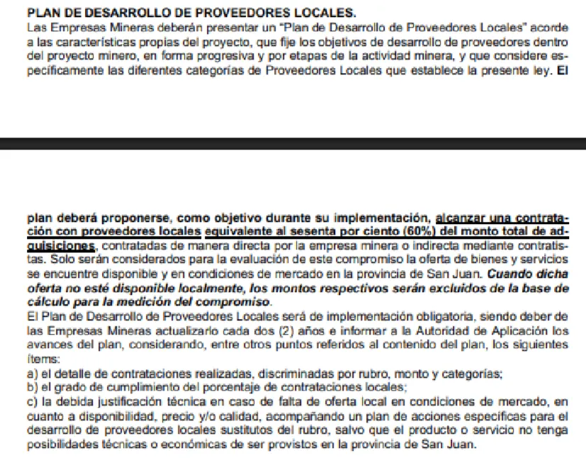 Recorte del artículo 11 de  ley de Desarrollo local minero