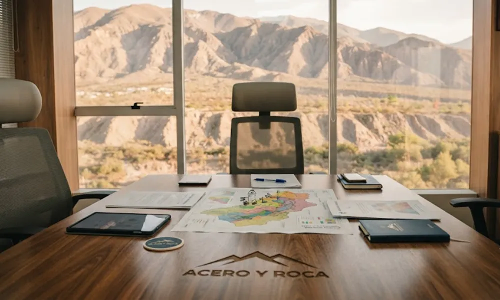 Reunión de directorio en la Cámara Minera de La Rioja analizando documentos estratégicos, con el logo de ACERO Y ROCA grabado en la mesa de madera.