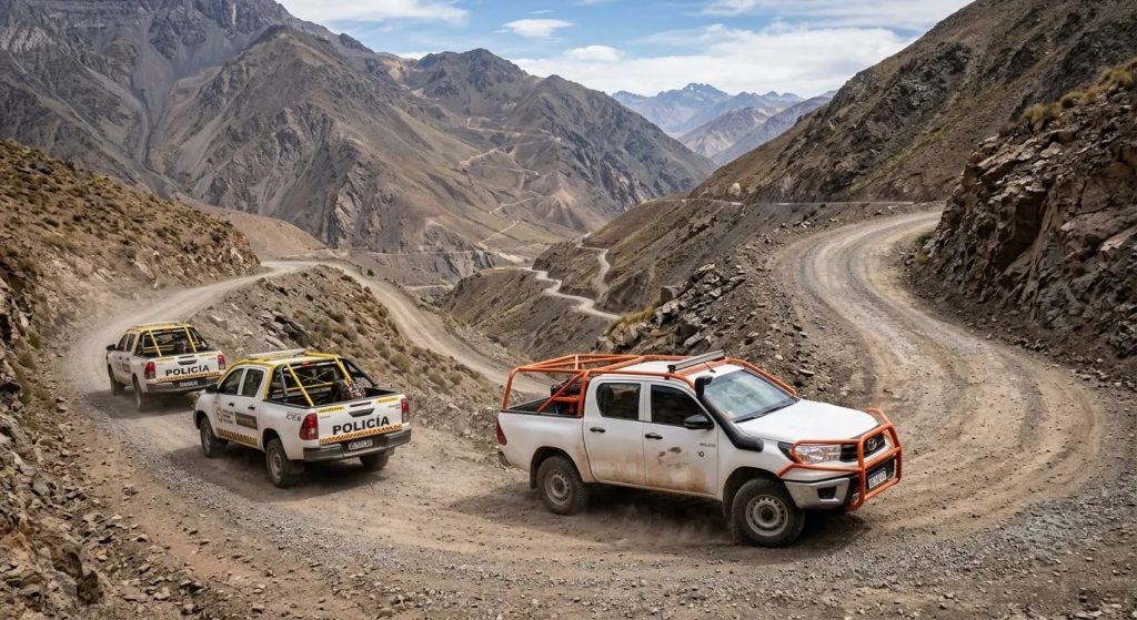 Camionetas  equipadas con jaulas antivuelco y doble tanque transitando un camino sinuoso de ripio en la montaña sanjuanina.