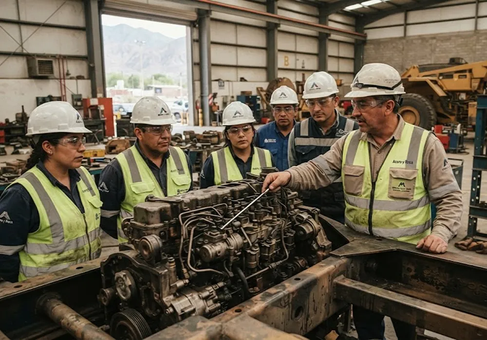 Profesor enseñando mecánica a sus alumnos en un taller.
