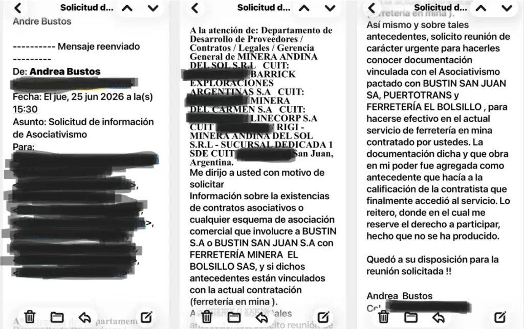 Capturas de pantalla de e mail enviados a la operadora Barrick 