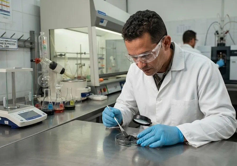 Especialista realizando pruebas químicas en muestras de cobalto bajo estándares industriales.