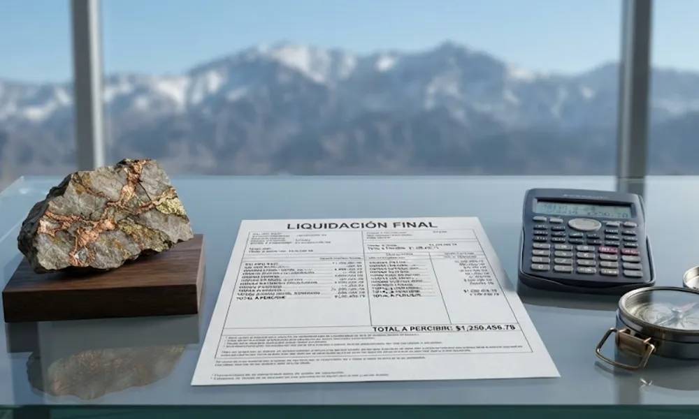 Recibo de sueldo con la leyenda "Liquidación Final" junto a una roca de mineral de cobre, una calculadora y una brújula, con la silueta desenfocada de la Cordillera de los Andes de fondo