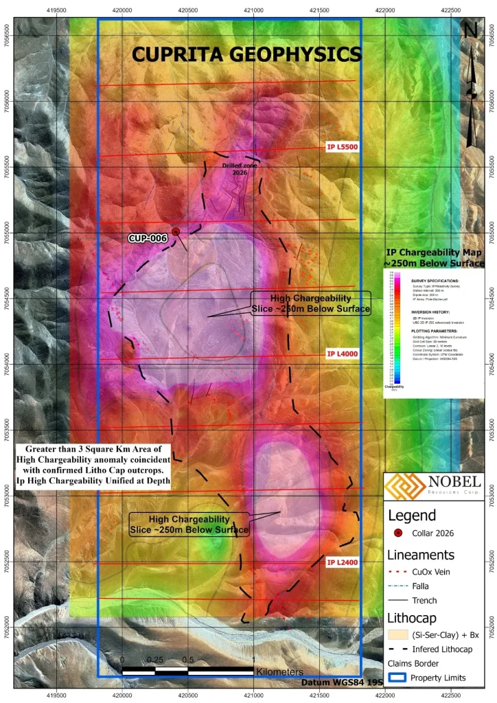 Bloque tridimensional de anomalías de cargabilidad de cobre en el subsuelo del proyecto minero Cuprita Chile.