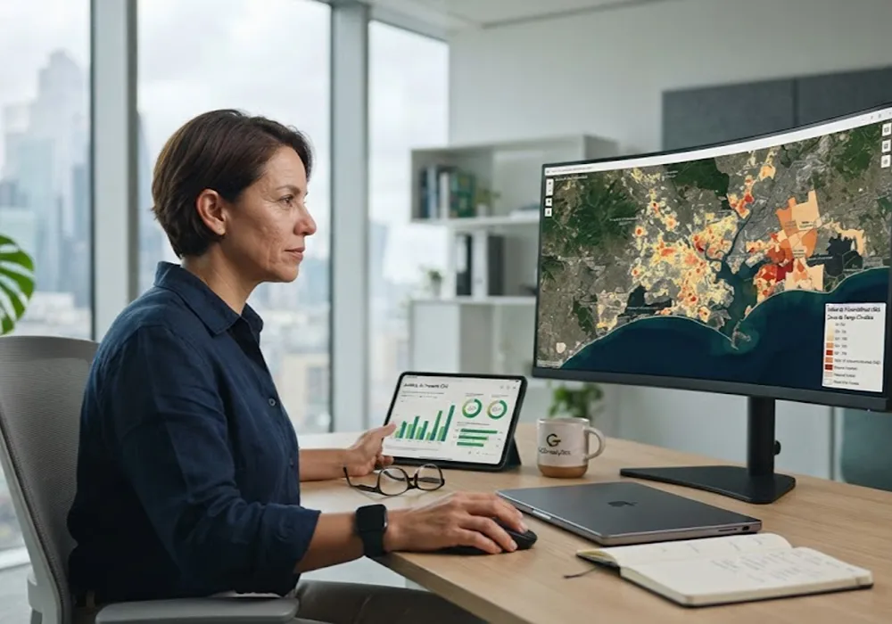 mujer frente a la computadora trabajando en un mapa de calor