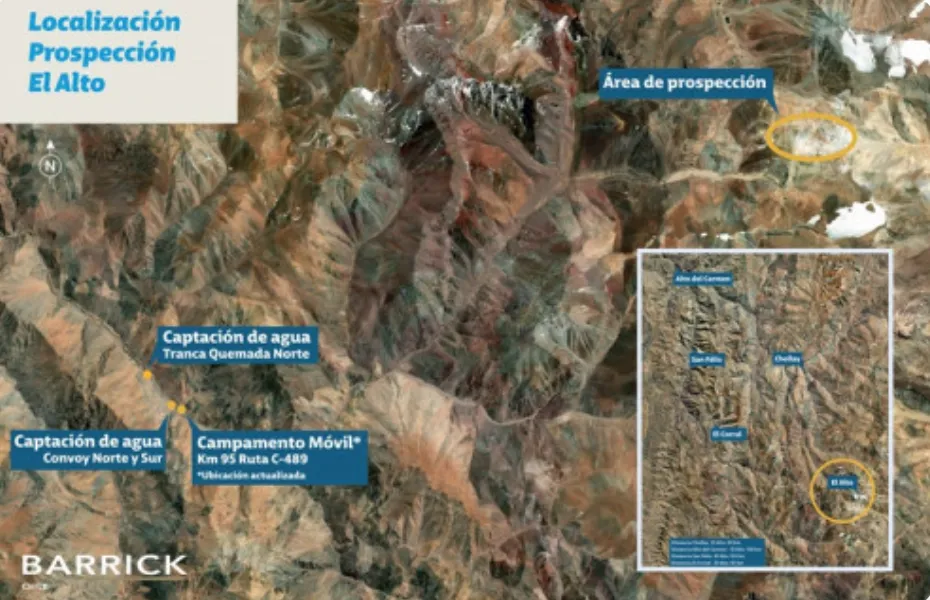 Mapa satelital que delimita el yacimiento Pascua Lama y la prospección El Alto en la frontera chileno-argentina.