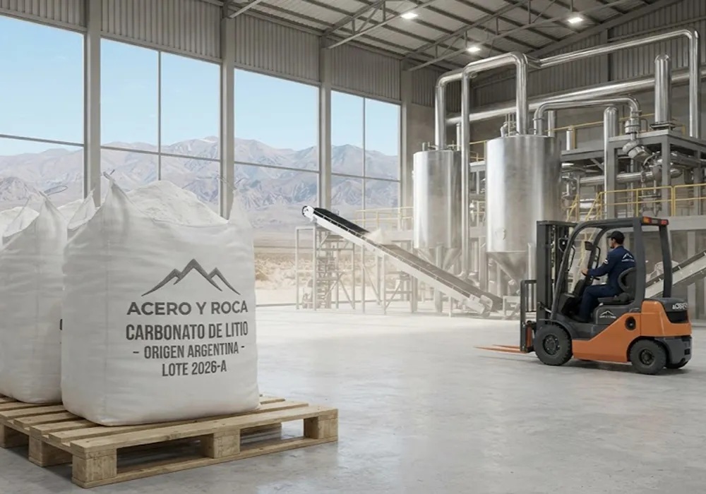 Contenido Original de ACERO Y ROCA – Prohibida su reproducción Una vista interior a nivel del suelo de una moderna planta de procesamiento de carbonato de litio en Salta, Argentina. En primer plano, supersacos industriales con la etiqueta "CARBONATO DE LITIO - ORIGEN ARGENTINA" y el logo de ACERO Y ROCA bordado esperan su transporte. Detrás, la planta opera con maquinaria de acero inoxidable y un montacargas en movimiento. Los Andes son visibles a través de una ventana.