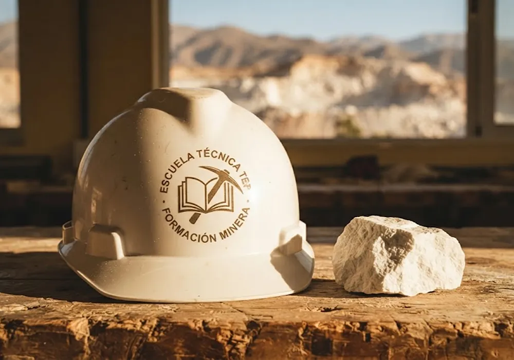 Imagen simbólica y conceptual que muestra un casco de seguridad industrial con el logo "ESCUELA TÉCNICA - FORMACIÓN MINERA" grabado, reposando sobre un banco de trabajo junto a una muestra de piedra caliza.
