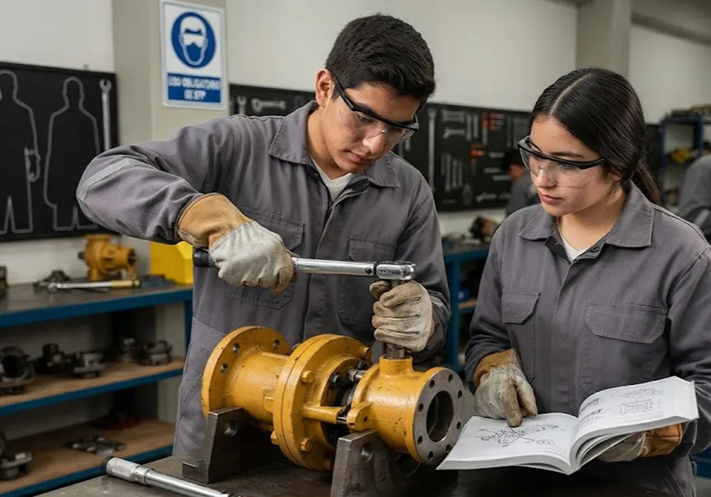 Dos estudiantes secundarios, usando EPP completo, practican el uso de una llave de torsión en un componente industrial simulado dentro de un taller escolar de mantenimiento.